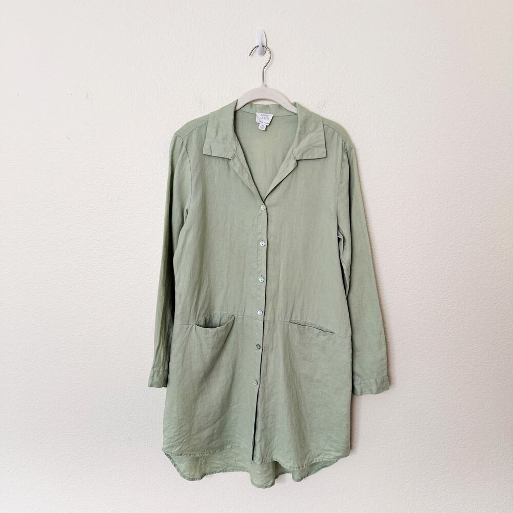 [Sigrid Olsen] Green Minimalist Button Down Lagenlook Linen Tunic Top Sz Medium